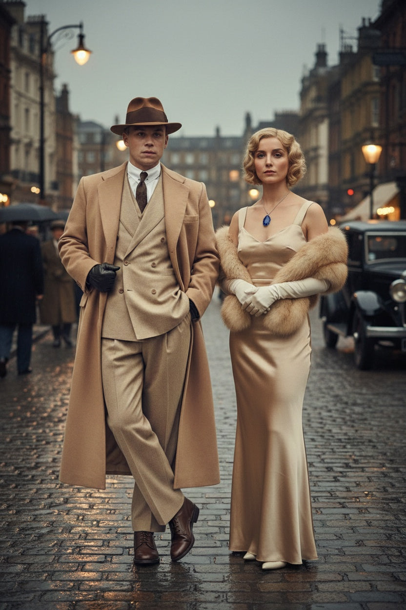 Men’s Cashmere & Wool Camel Beige Long Overcoat – Peaky Blinders Style Vintage Formal Coat + Suit + Hat Package