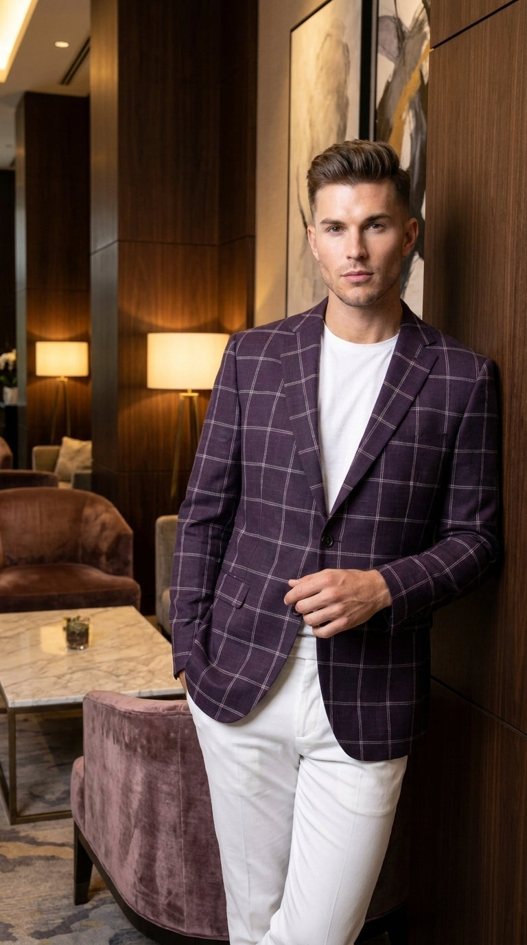 Men's Purple Windowpane Sport Coat – Classic Fit Plaid Blazer Jacket for Business, Wedding & Casual Wear