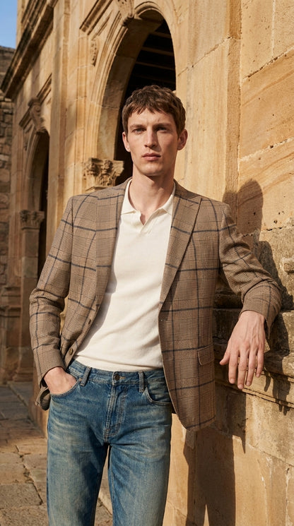 Men’s Tan Beige Peaky Blinders Glen Plaid Blazer English Style Textured Wool Winter Sport Coat Checkered Windowpane