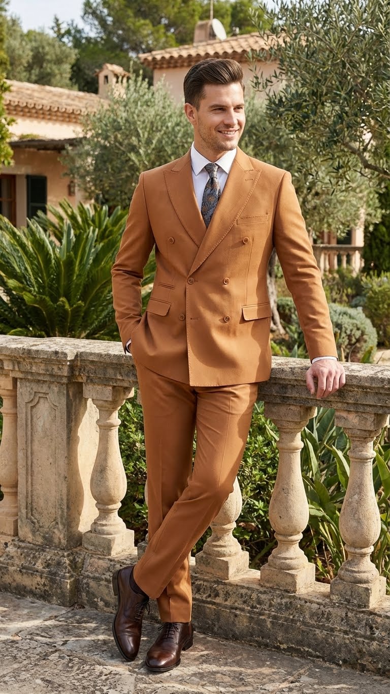 Mens Vitali Brand Rustish Orange Brown Copper Color Double Breasted Slim Fit Suit
