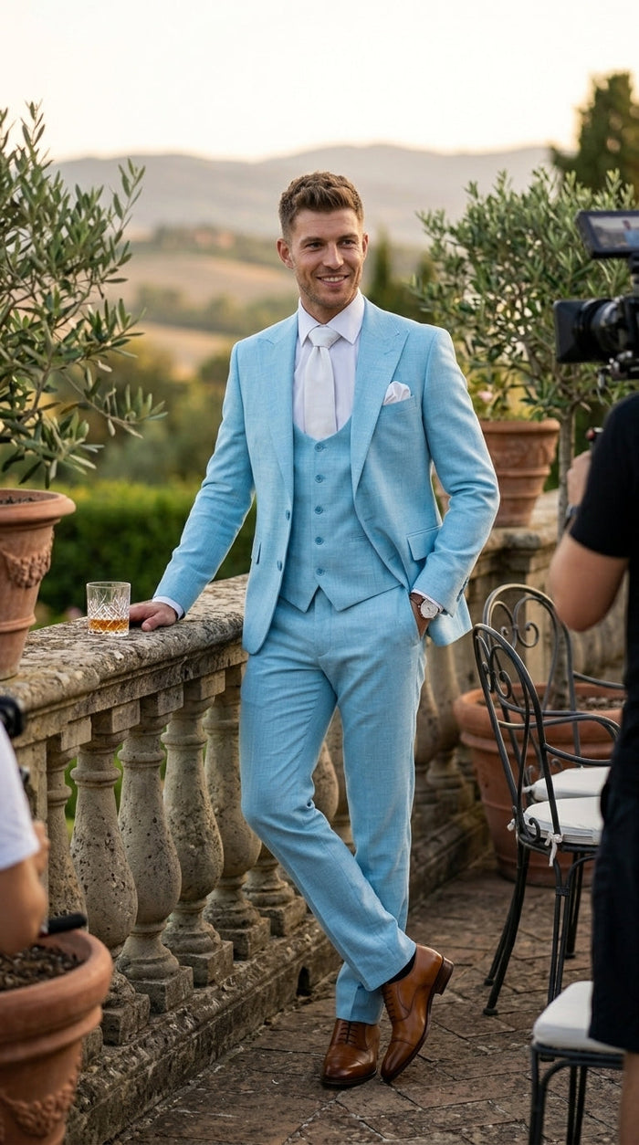 Men’s Turquoise Light blue Suit, Vested Formal Dress Suit for Weddings, Prom, Summer Parties, and Special Occasions in Aqua Blue Color By Rossiman