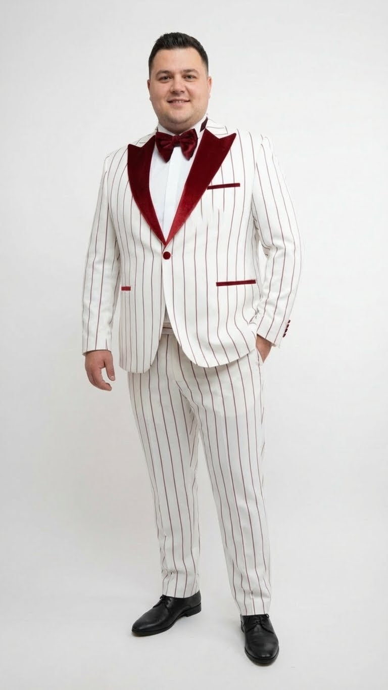 Mens White and Dark Red Pinstripe Tuxedo with Velvet Shawl Lapel  Formal Dinner Blazer Prom Christmas New Year Holiday Suit
