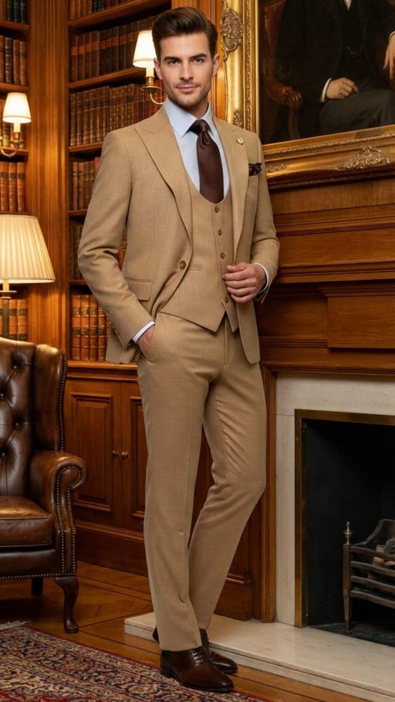 Men's Tan Three-Piece Suit with Vest  Classic Tailored Fit  in camel khaki Bronze color By Rossiman