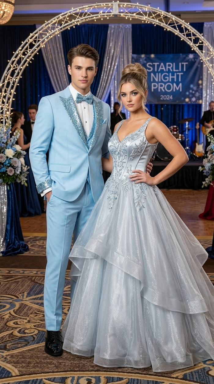Men’s Baby Blue Prom Tuxedo Suit with Silver Rhinestone Sequin Lapel and Matching Vest