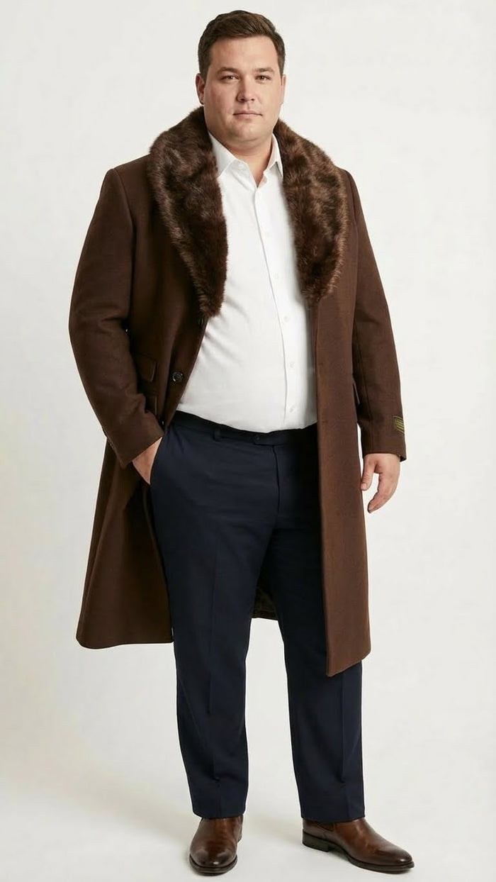 Mens Brown Long Overcoat with Faux Fur Collar  Classic Winter Formal Coat Three Quarter Carcoat Wool and Cashmere Fabric