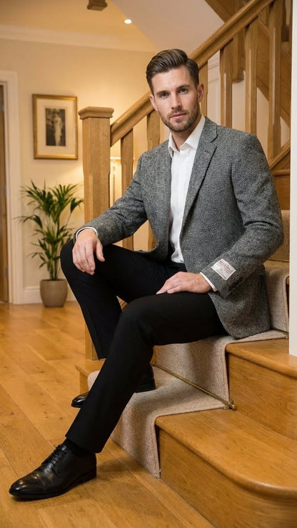 Men’s Grey Harris Tweed Blazer Jacket, Classic Herringbone Wool Sport Coat for Business Casual