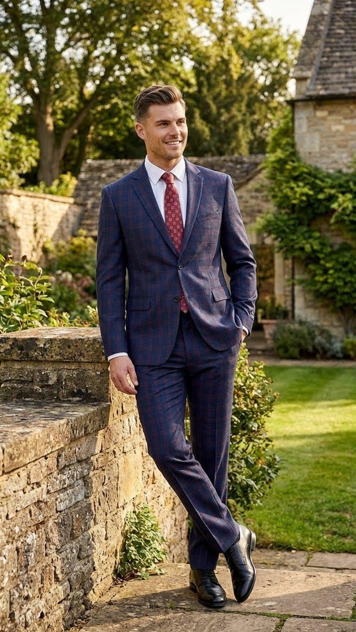 Mens Navy Blue and Burgundy Checkered Two-Piece Suit Plaid Windowpane  Flat Front Pants or Pleated Wide Leg Pants - 100% Wool
