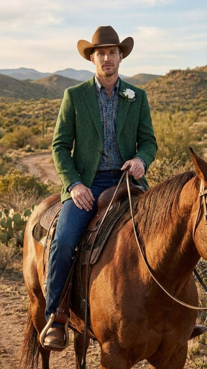 Men’s Green Western Blazer Jacket – Classic Cowboy Style Sport Coat for Wedding, Party and Formal Events