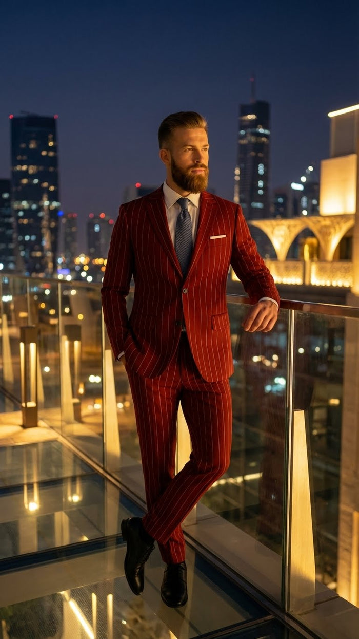 Men's Red Pinstripe Suit - Stripe Two-Button Vested Suit 2 Buttons