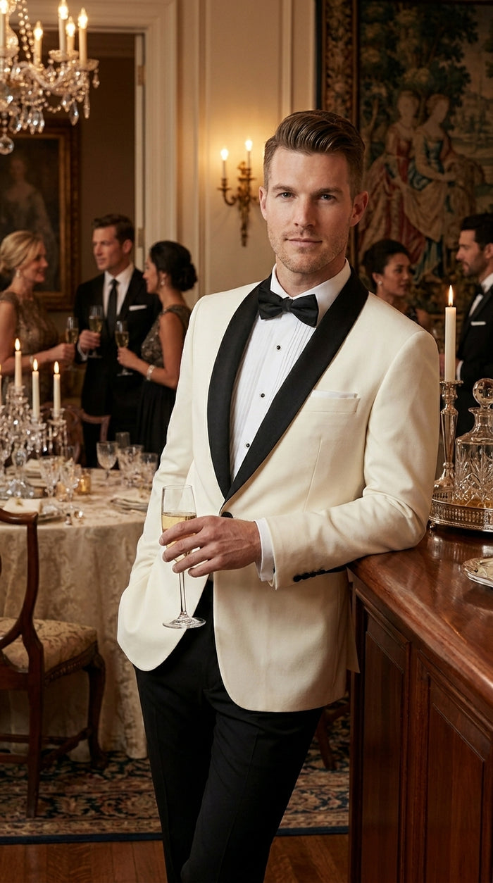 Men’s Ivory Dinner Jacket Blazer with Black Shawl Lapel, Formal Wedding Tuxedo Sport Coat