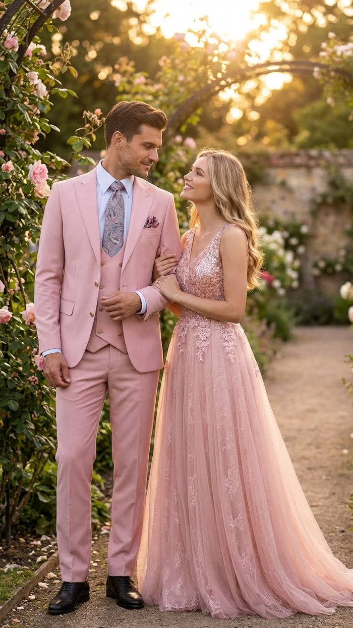 Mens Blush Pink and Gold Three-Piece Suit  Tailored Fit Formal Wedding, Vested Suit By Rossiman