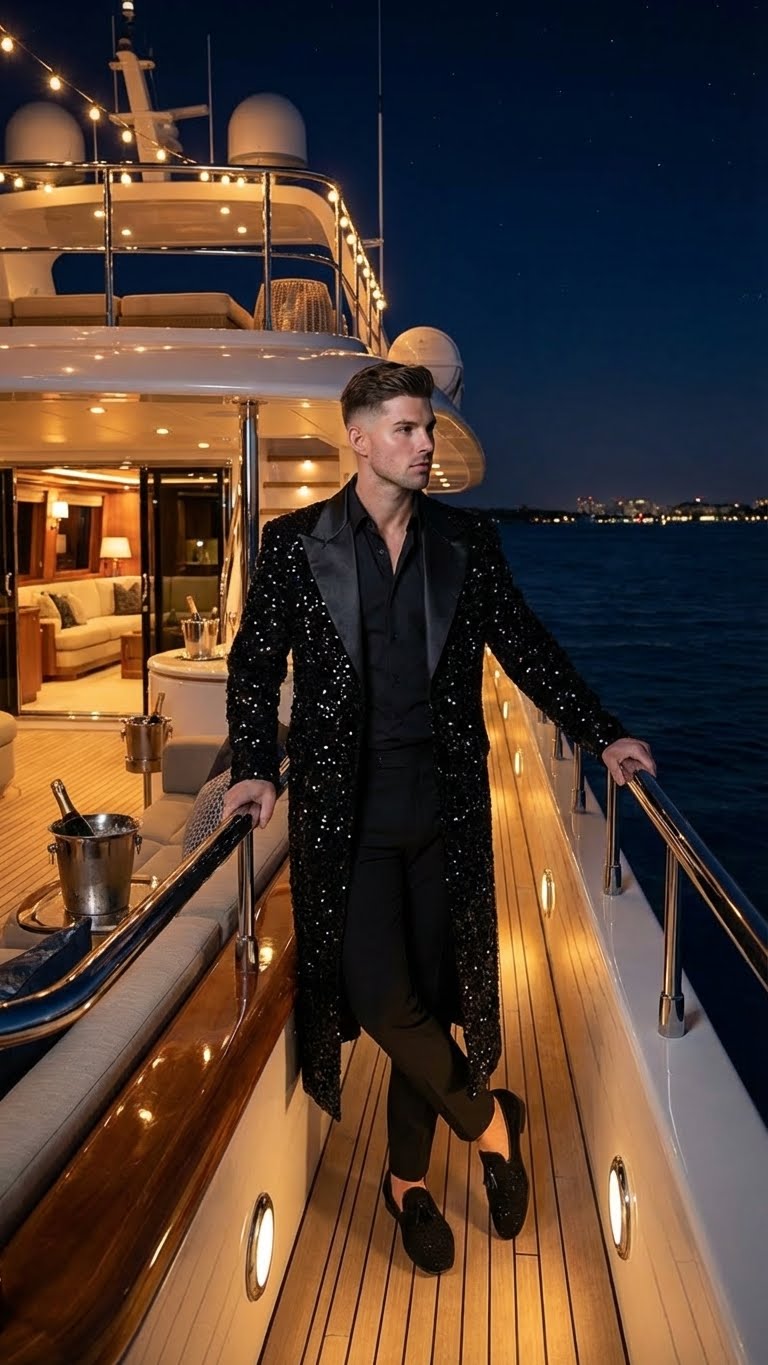 Mens Black Sequin Long Coat with Satin Shawl Lapel  Luxury Statement Evening Overcoat