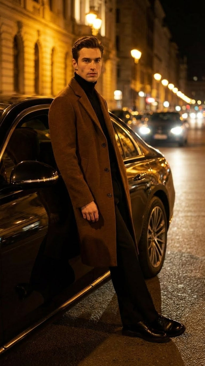 Men's Brown Long Wool Overcoat - Topcoat Wool Carcoat Three Quarter