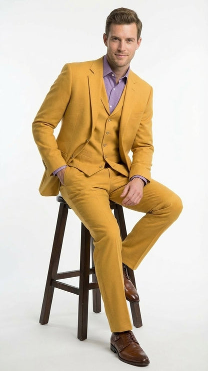 Mens Mustard Yellow Three Piece Suit | 2 Button Notch Lapel Modern Fit in Gold Color - Church Suit
