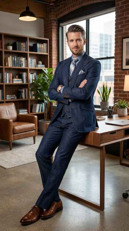Men’s Pleated Pants Dark Blue Denim 3 Piece Suit – 100% Cotton Formal Suit Set, Blazer Vest Pants Outfit Classic Fit Athletic Fit Lose Fit