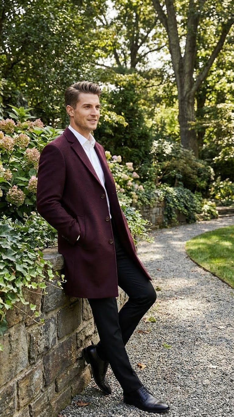 Mens Burgundy Mid-Length Overcoat  Classic Fit Wool Blend Dress Coat Three Quarter Carcoat Topcoat