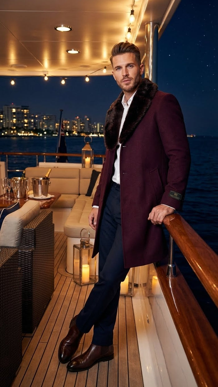 Mens Burgundy Three Quarter Coat with Faux Fur Collar Overcoat  Luxury Winter Outerwear Three Quarter Carcoat Topcoat
