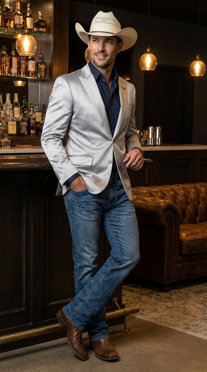 Men's Shiny Silver Cowboy Blazer – Western Style Satin Finish Blazer for Party, Country Events and Evening Wear