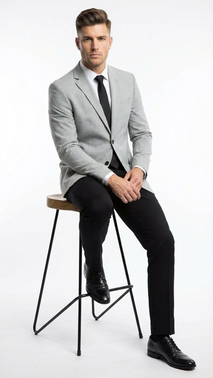 Men’s Light Grey Slim Fit Blazer Sport Coat with Black Pants | Premium Formal and Smart Casual Outfit