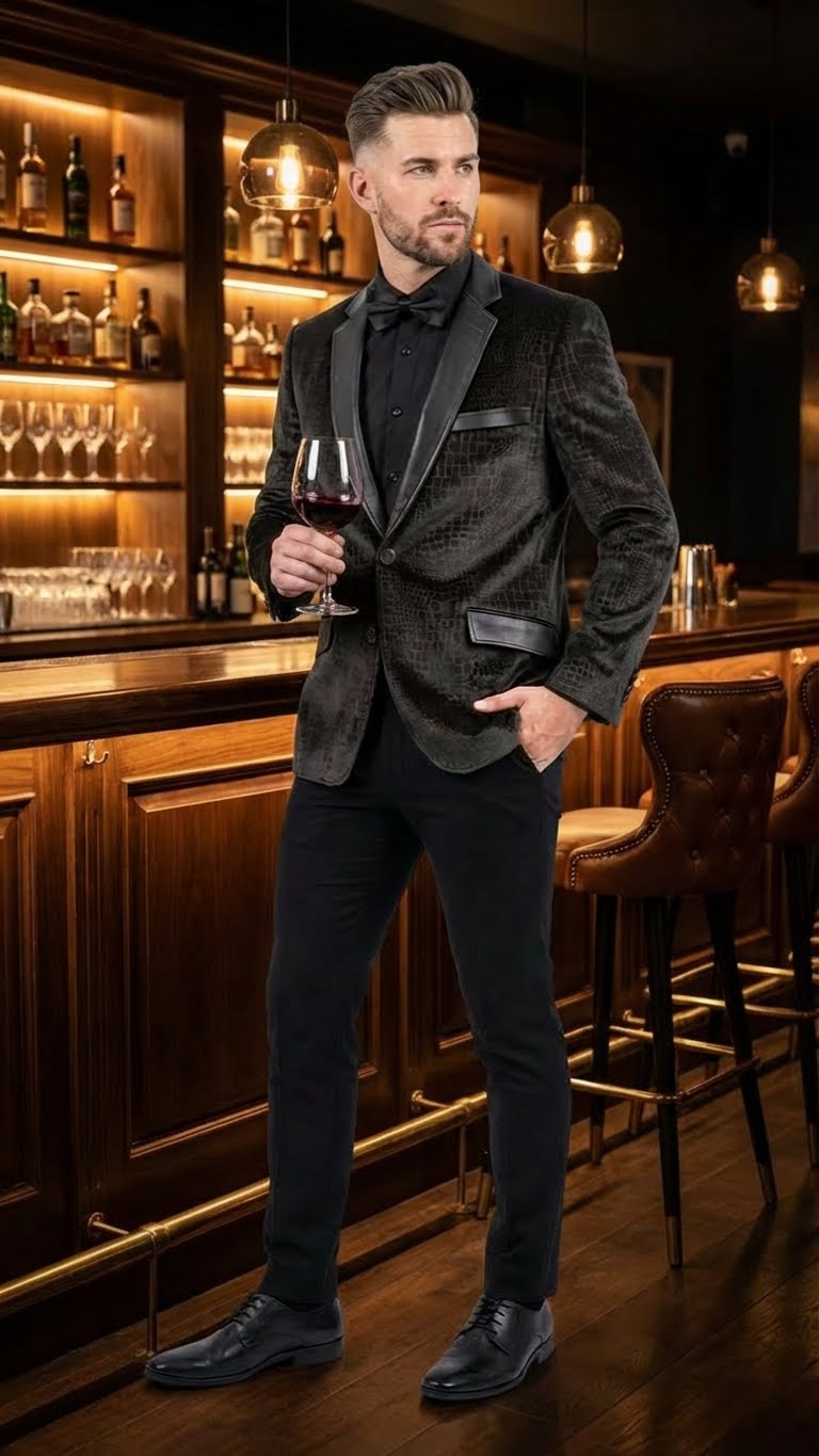 Mens Crocodile Alligator Exotic skin Texture Blazer  Slim Fit Designer Jacket with Satin Lapels for Formal and Party Wear in Black Color