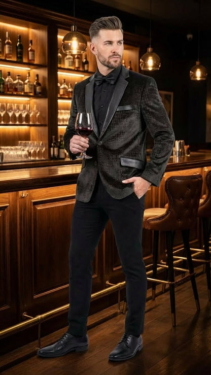 Mens Crocodile Alligator Exotic skin Texture Blazer  Slim Fit Designer Jacket with Satin Lapels for Formal and Party Wear in Black Color