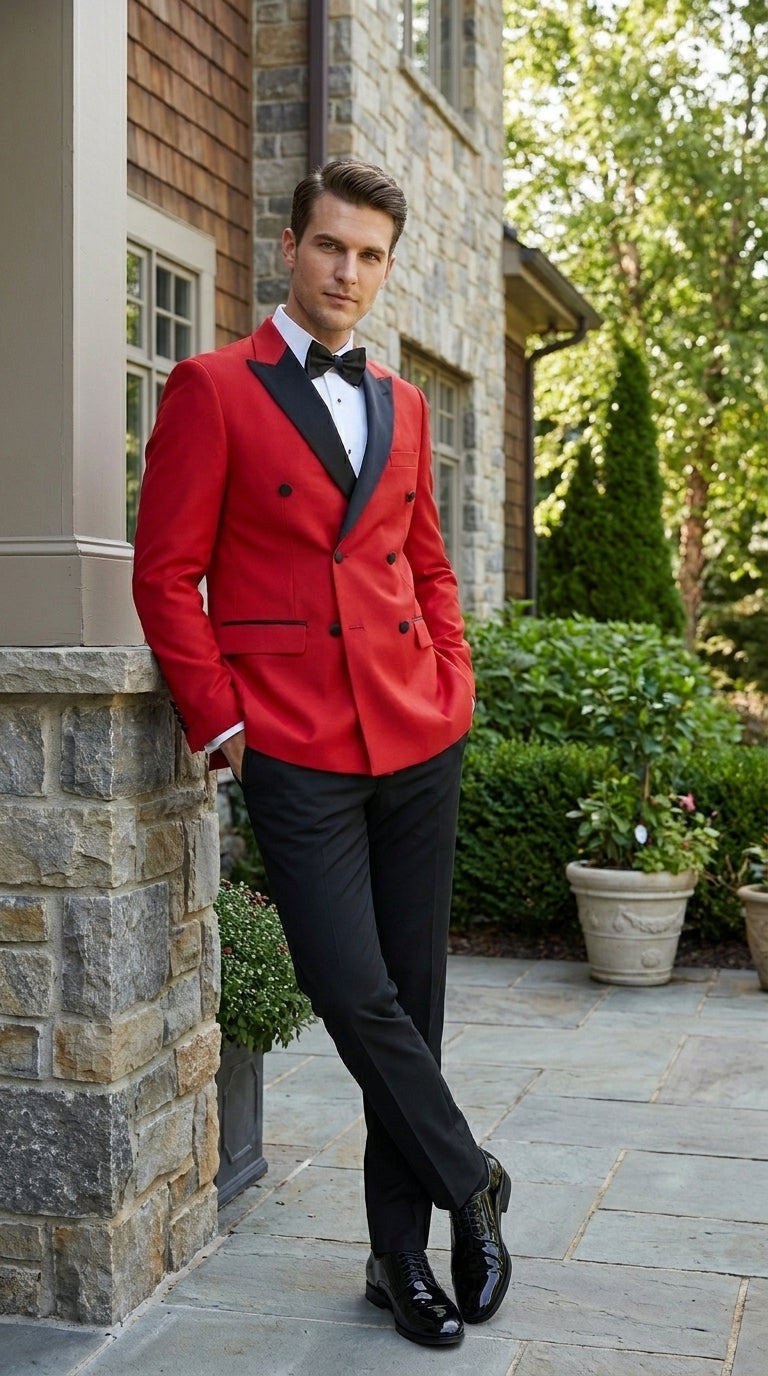 Men’s Red Double Breasted Wool Tuxedo with Black Lapel, Formal Wedding Prom Dinner Jacket