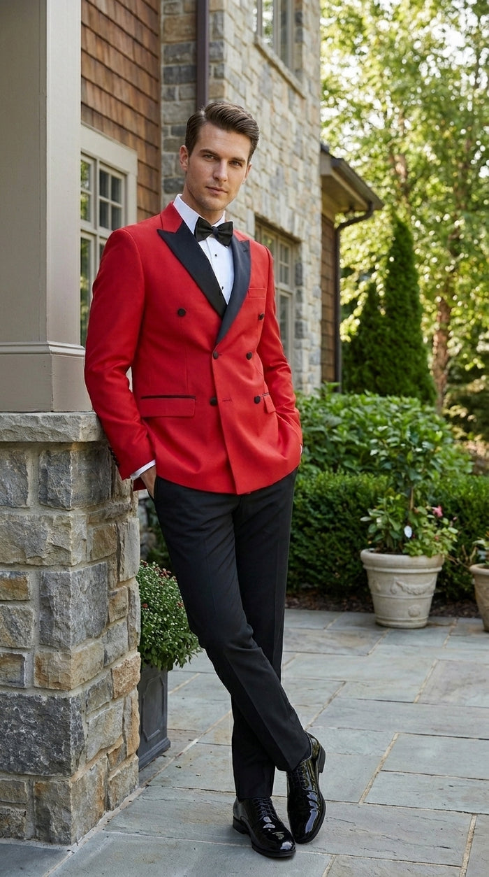 Men’s Red Double Breasted Wool Tuxedo with Black Lapel, Formal Wedding Prom Dinner Jacket