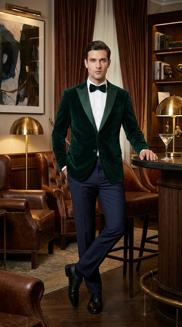Men’s Hunter Green Velvet Tuxedo Jacket with Peak Lapel, Formal Wedding Prom Dinner Blazer