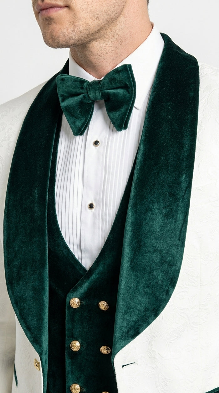 Men’s White and Green Tuxedo Wedding Suit with Shawl Lapel, Velvet Vest and Pants