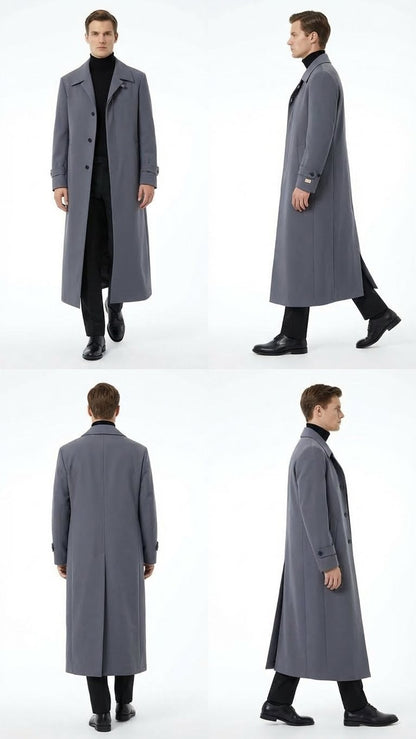 Mens Full-Length Charcoal Grey Overcoat  Premium Microfiber Blend Long Dress Coat for Winter and Formal Wear in Gray Color
