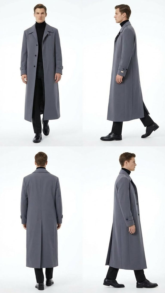 Mens Full-Length Charcoal Grey Overcoat  Premium Microfiber Blend Long Dress Coat for Winter and Formal Wear in Gray Color