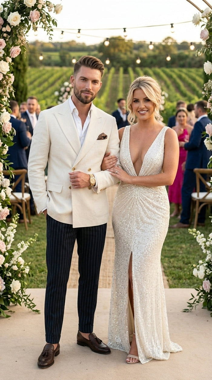 Man and woman in formal attire standing in a vineyard setting with floral decorations.