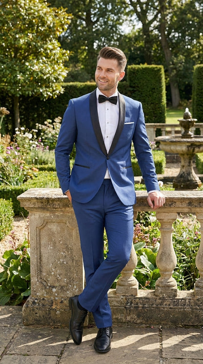 Men’s Indigo Shawl Prom Tuxedo with Black Lapel, One Button Jacket and Matching Pants