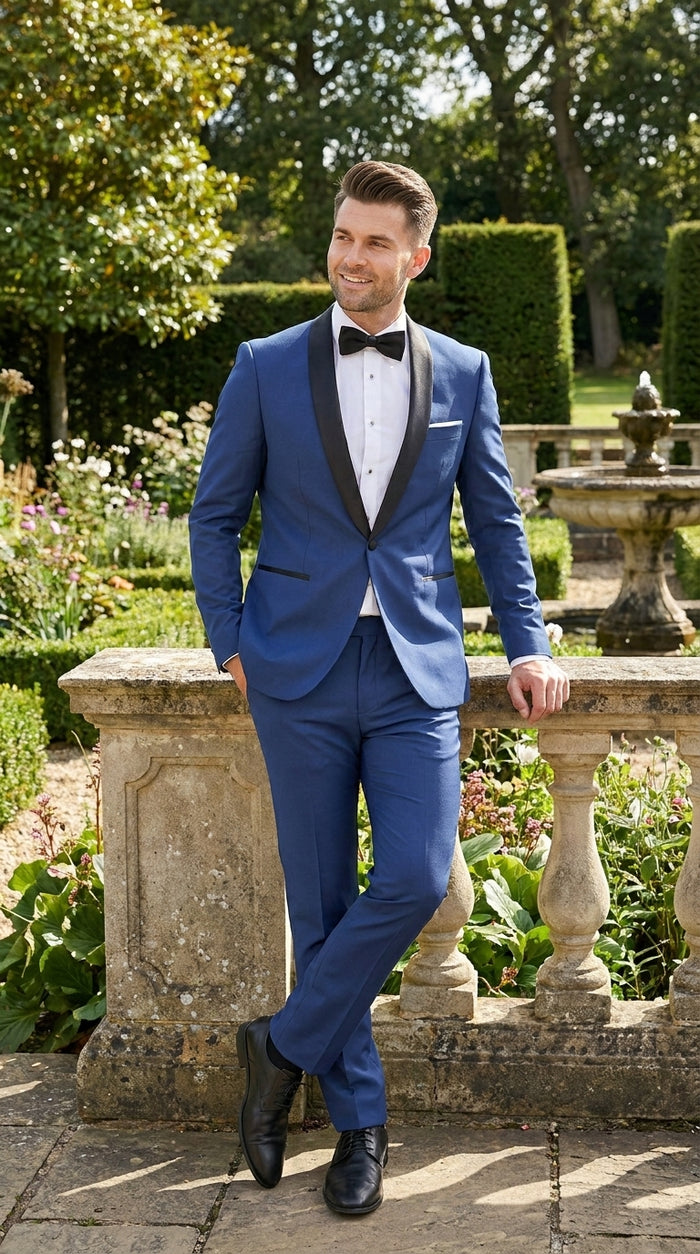 Men’s Indigo Shawl Prom Tuxedo with Black Lapel, One Button Jacket and Matching Pants