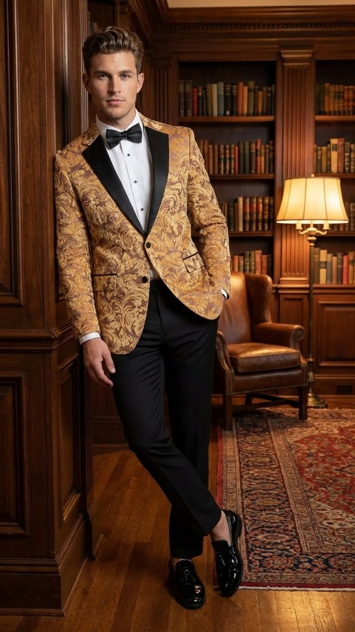 Mens Yellow Gold Baroque Pattern Tuxedo Blazer Suit  Party and Wedding Jacket Prom Paisley Black Pants