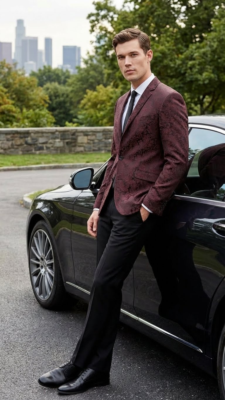 Mens Burgundy Paisley Blazer Sport Coat  Velvet Dinner Jacket floral in Maroon Wine Color Ultra Slim Fit Smoking Jacket