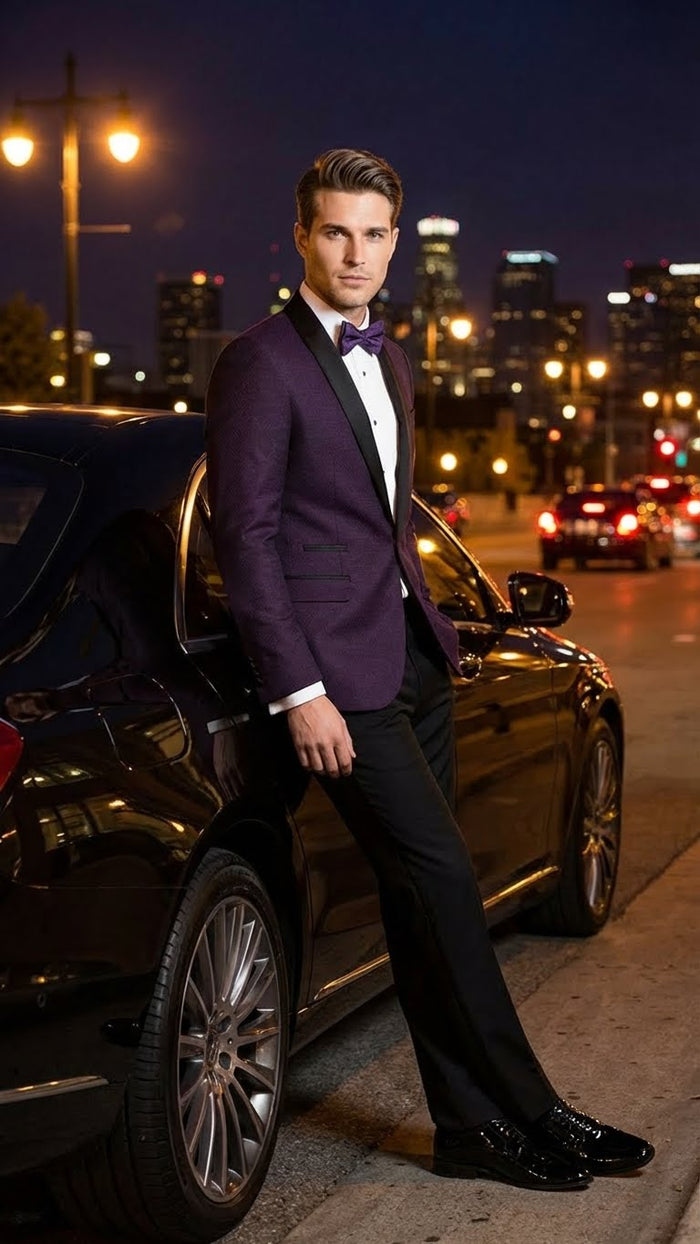 Men's Eggplant Plum Purple Tuxedo Blazer with Satin Lapel, White Tuxedo Shirt and Matching Purple Bow Tie - Slim Fitted - Prom wedding Suit With Pants
