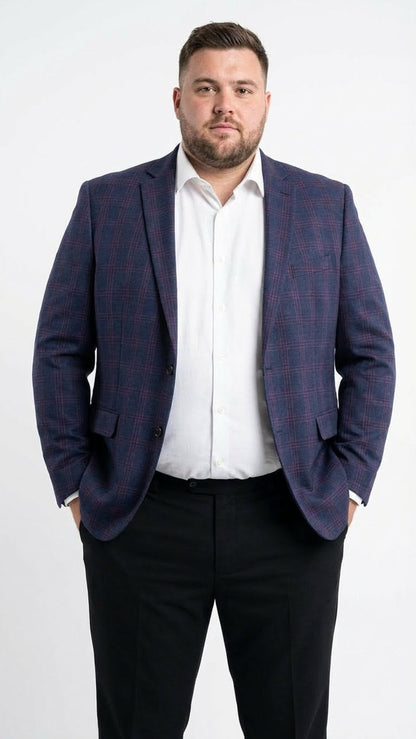 Mens Big and Tall Navy Blue with Burgundy Plaid Jacket and Sport Coat  Wool Blazer