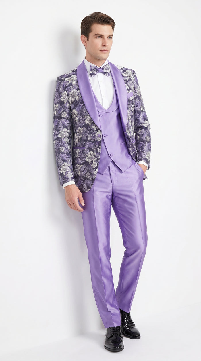 Men’s Lilac Lavender Prom Suit – Floral Shawl Lapel 3 Piece Tuxedo with Matching Vest and Pants