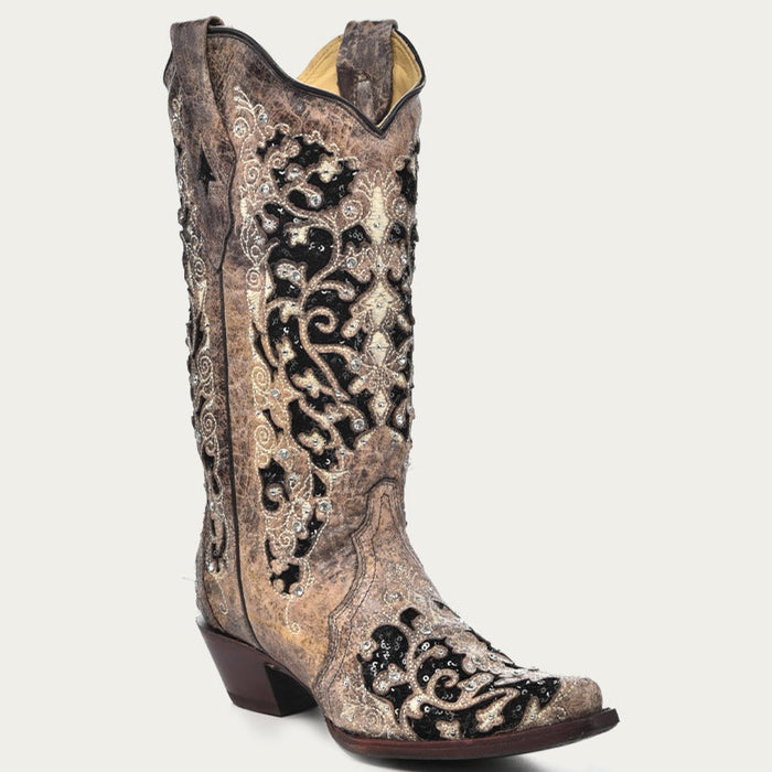 Corral Women's Black Glitter Inlay Crystal Snip Toe Cowboy Boots