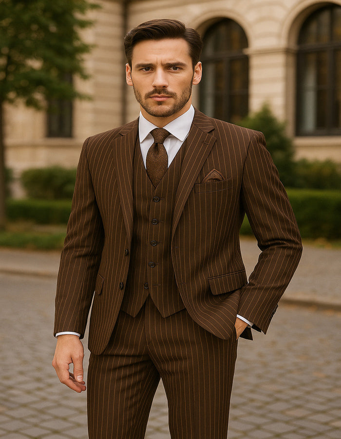 Men's Brown Pinstripe 3-Piece Suit with Matching Vest  Classic Fit Business and Formal Attire