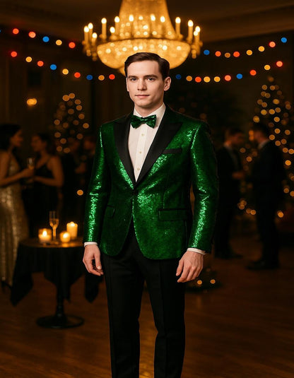 Men's Green Sequin Tuxedo Jacket with Black Satin Lapel and Bow Tie  Sparkling Party and Stage Blazer By Alberto Nardoni