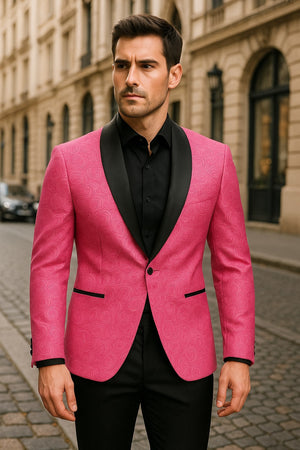 34 Men's Hot Pink Paisley Tuxedo Blazer with Black Shawl Lapel Fuchsia Color Dinner Jacket Perfect for Prom 34 Men's Hot Pink Paisley Tuxedo Blazer with Black Shawl Lapel Fuchsia Color Dinner Jacket Perfect for Prom