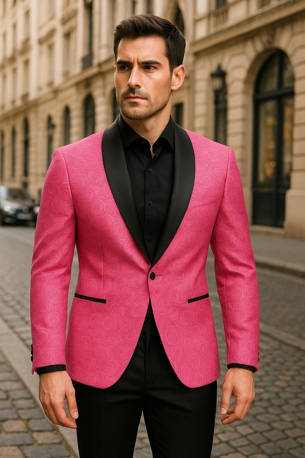 Mens Hot Pink Tuxedo Suit With Black Pants Paisley Patter with Black Shawl Lapel - Fuchsia Color Prom Suit