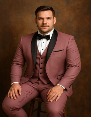 Men's Mauve Pink Tuxedo Suit  3-Piece Slim Fit with Black Satin Shawl Lapel