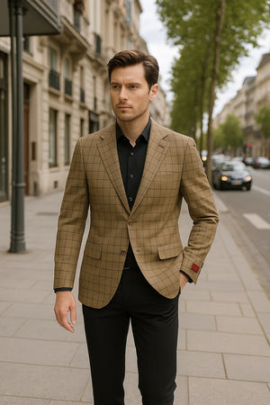 Men's Tan Plaid Blazer  Windowpane Checkered Taupe Colar with Conservative burgunsih Pattern Mix Perfect For Business