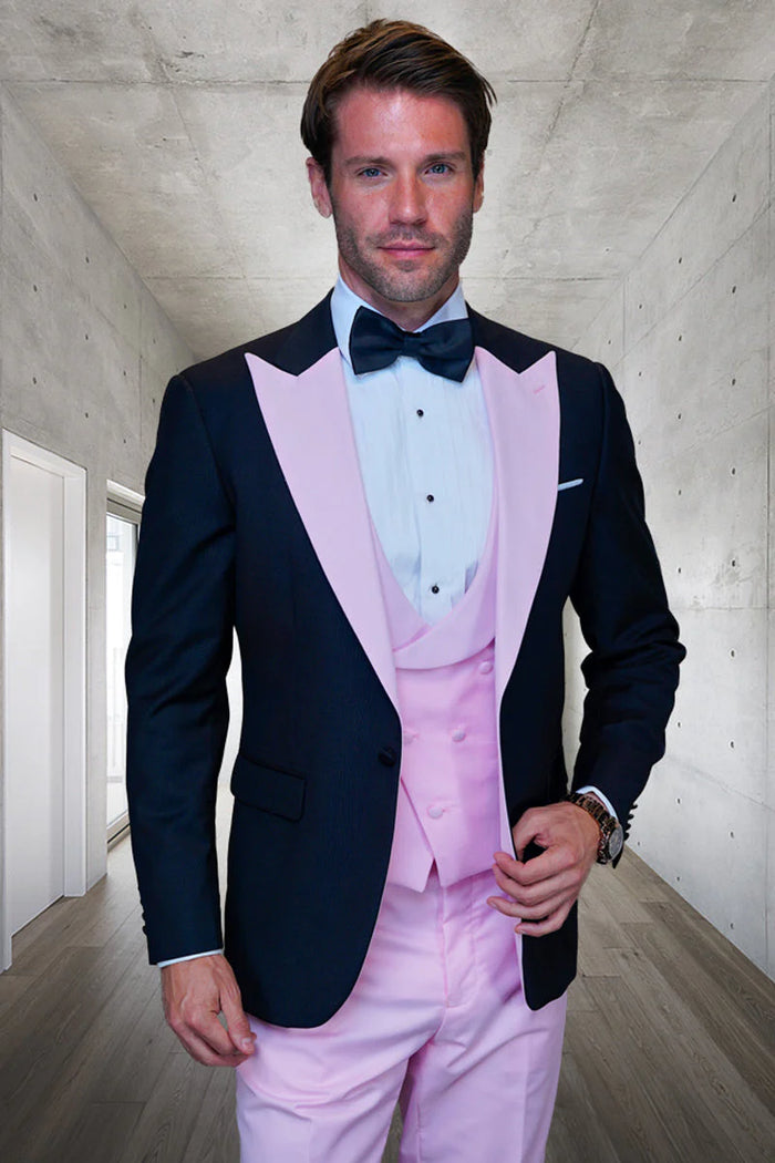 Mens Black and Pink Wool Tuxedo  Designer Vested Tuxedo with Contrast Satin Peak Lapel for Wedding & Prom
