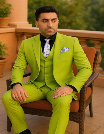 Men's Lime Green Three-Piece Suit with Floral Tie  Slim Fit Tuxedo for Weddings & Parties