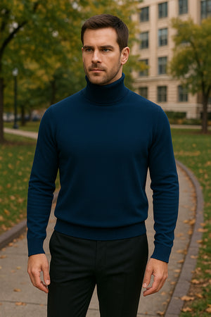 Men's Navy Blue Classic Turtleneck Sweater  Lightweight Knit Pullover
