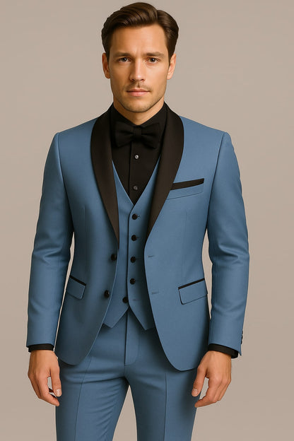 Men's Light Blue Tuxedo 3-Piece Suit with Black Shawl Lapel  Formal Wedding & Prom Attire in Steel Blue
